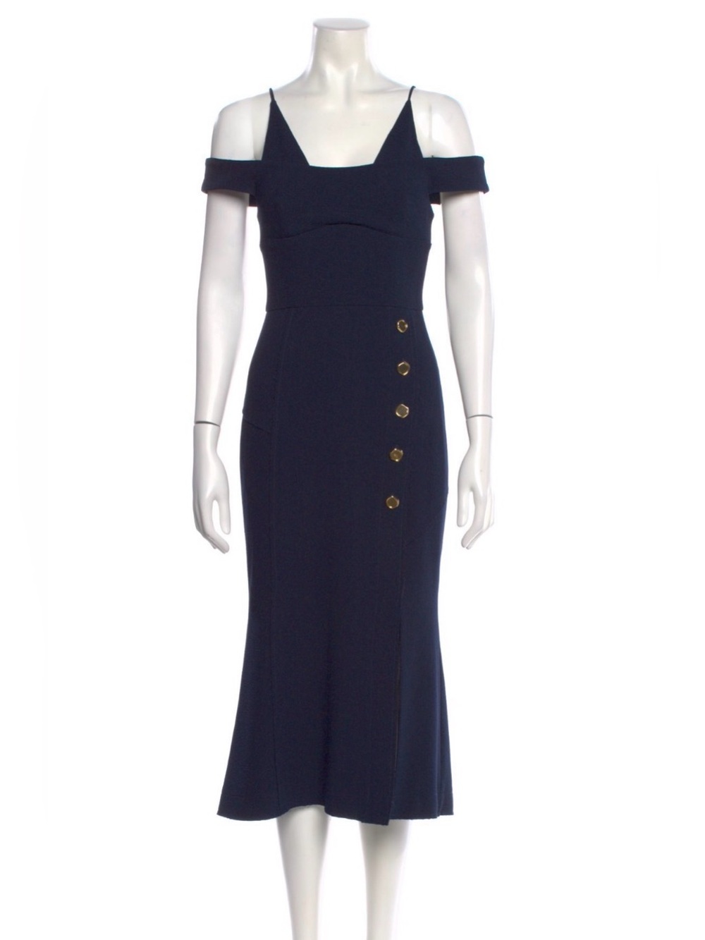 Rebecca Vallance Navy Off-Shoulder Midi Dress with Gold Buttons